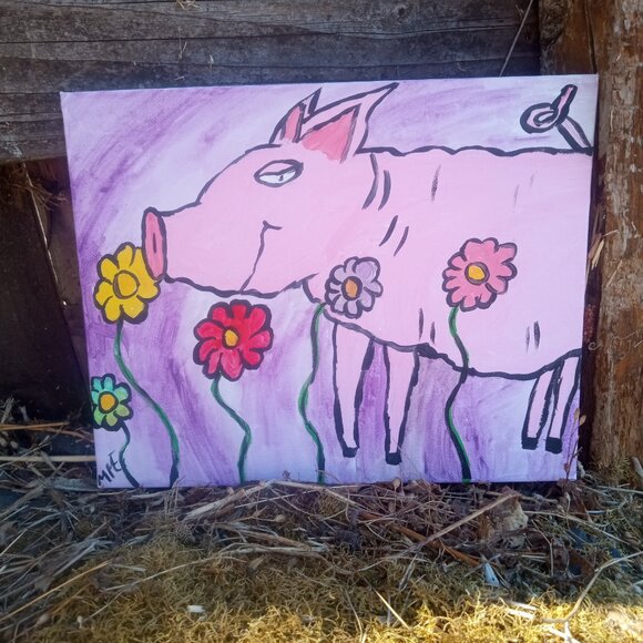 Pig In Flowers Folk Art Painting - Picture 15 of 15